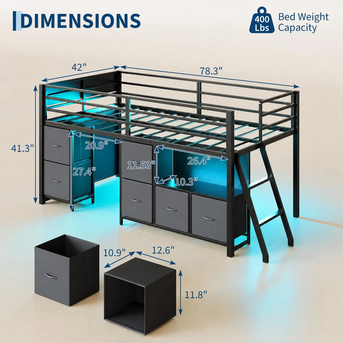 HiMISS Modern Metal Loft Bed With Integrated Work Desk