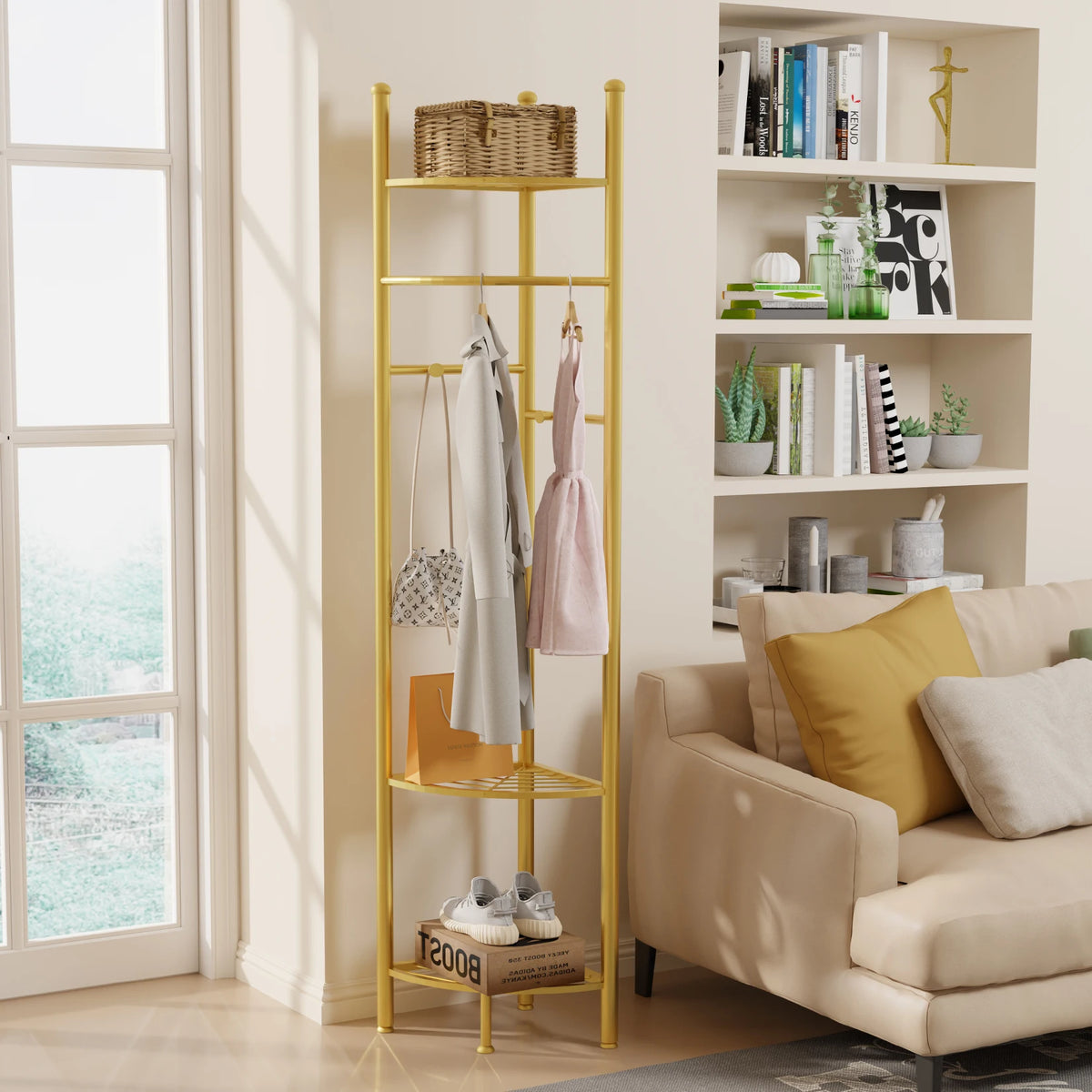 Heavy Duty Freestanding Metal Corner Coat Rack With Shelf