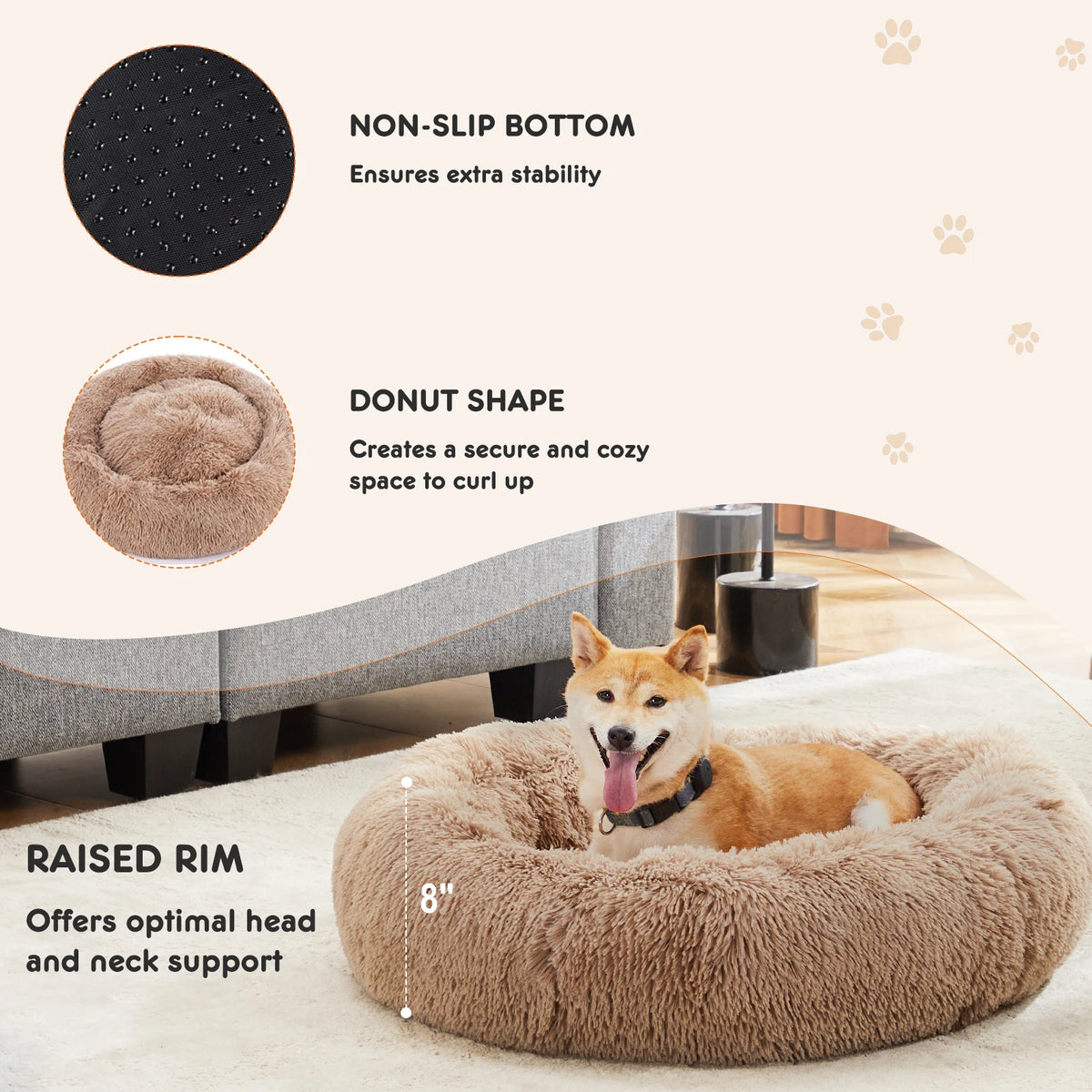 JHK Round Calming Dog Bed With Washable Plush Faux Fur