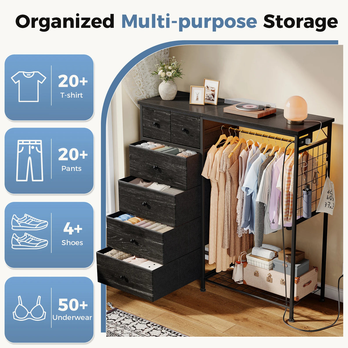 JHK Fabric Dresser With Six Drawers And Charging Station