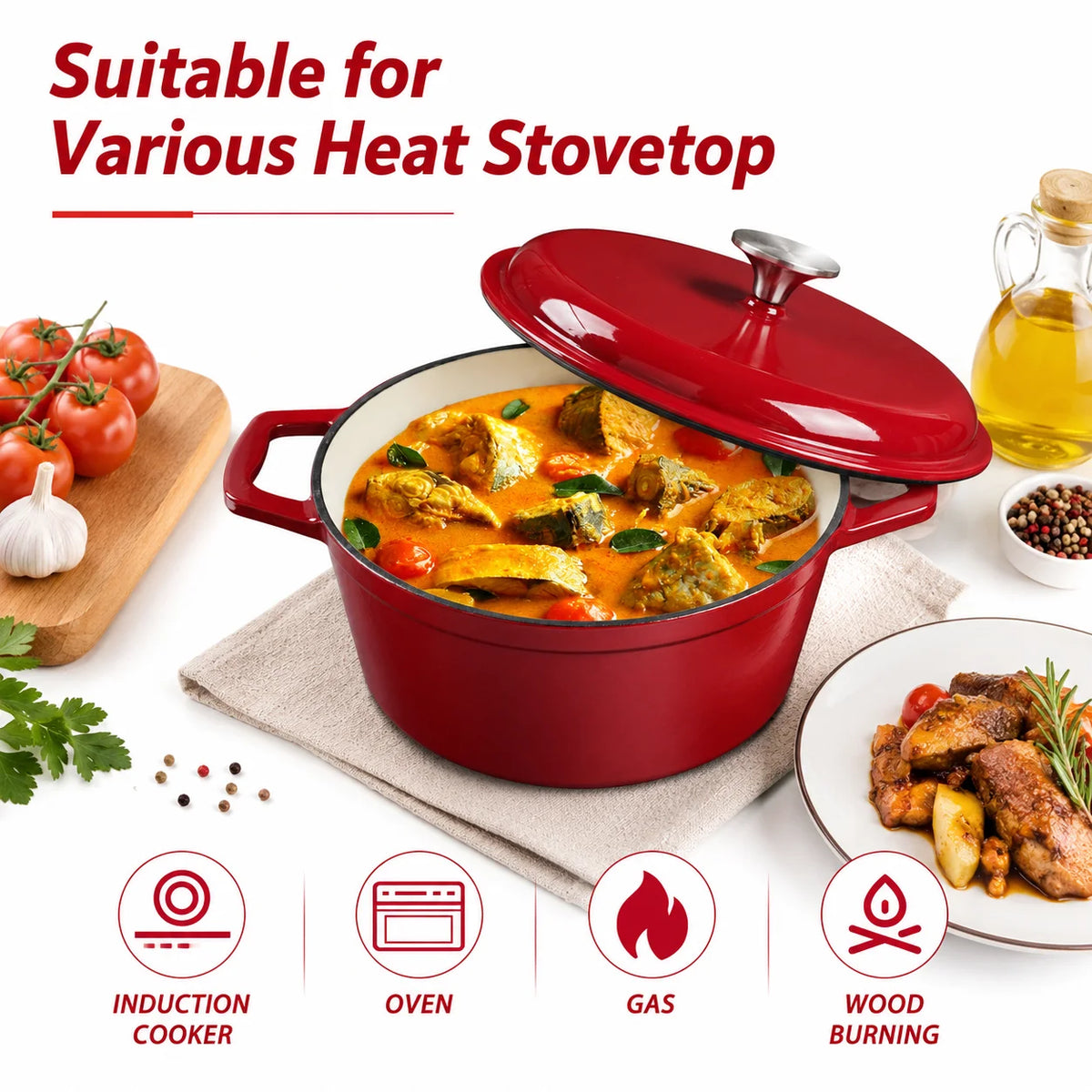 HanSMART Enameled Cast Iron Round Dutch Oven With Lid