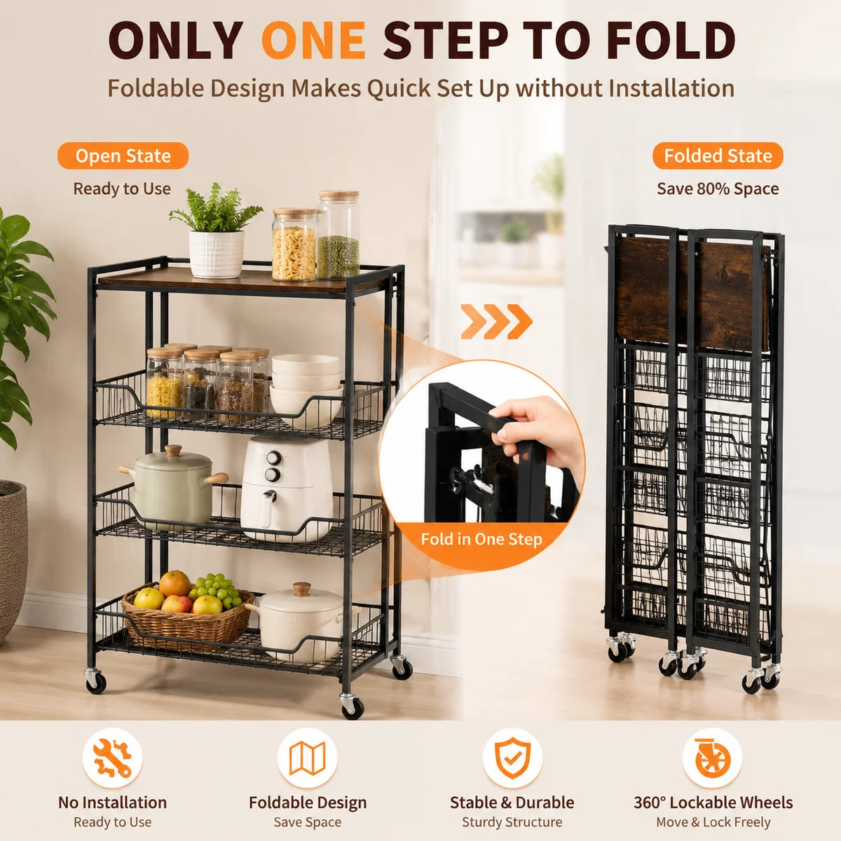Heavy Duty 4-Tier Foldable Storage Cart with Lockable Casters