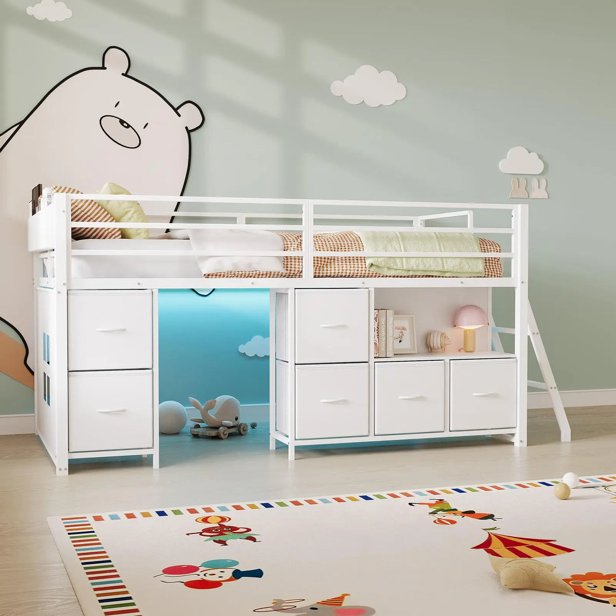 HiMISS Modern Metal Loft Bed With Integrated Work Desk