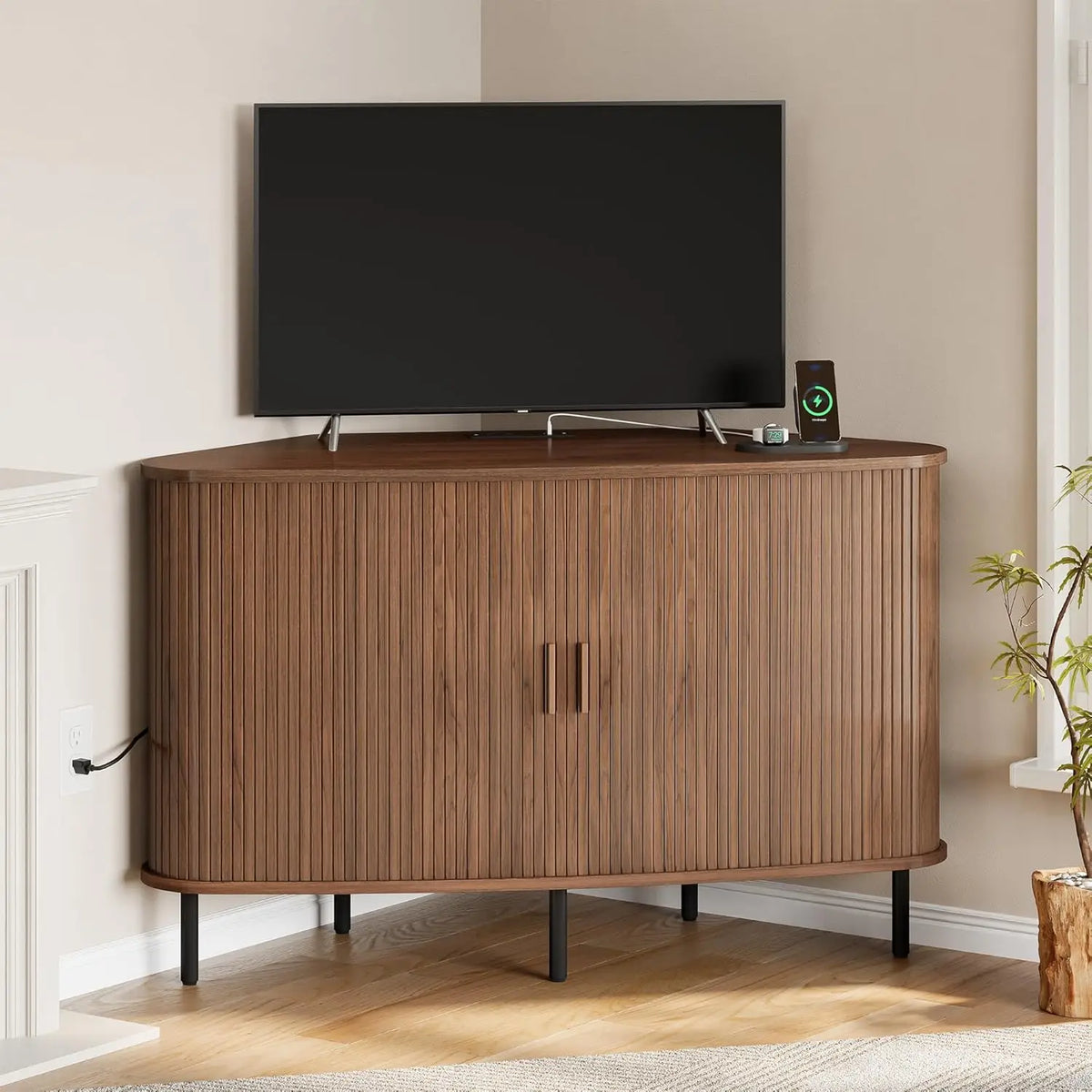 Onbrill Modern Fluted Wood Corner TV Stand Entertainment Center