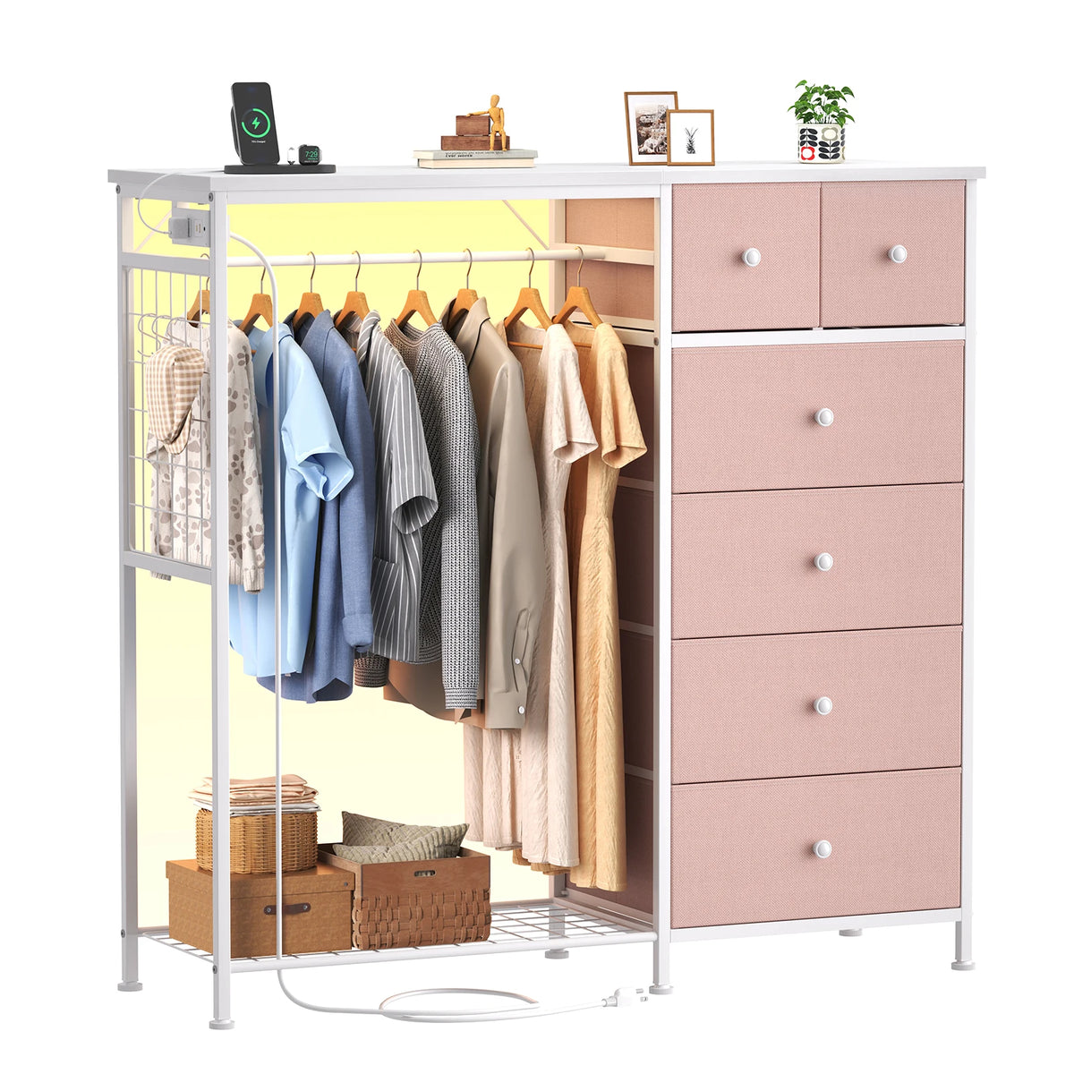 JHK Fabric Dresser With Six Drawers And Charging Station