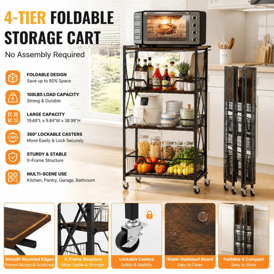 Heavy Duty 4-Tier Foldable Storage Cart with Lockable Casters