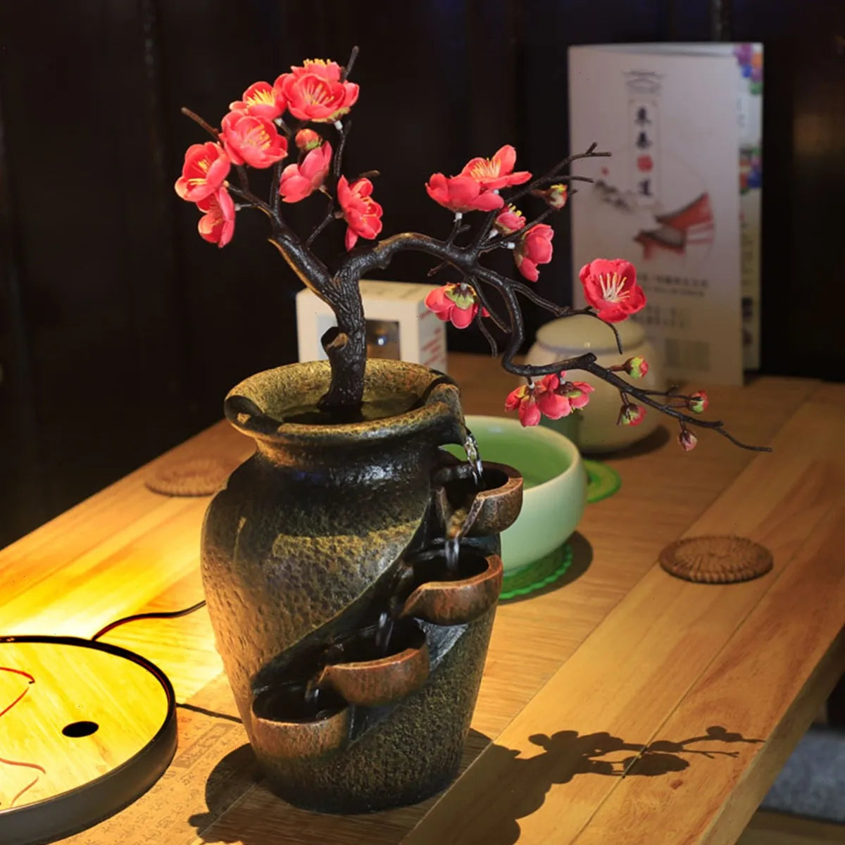 Bymaocar Tabletop Fountain With Artificial Flowers And Silent Pump