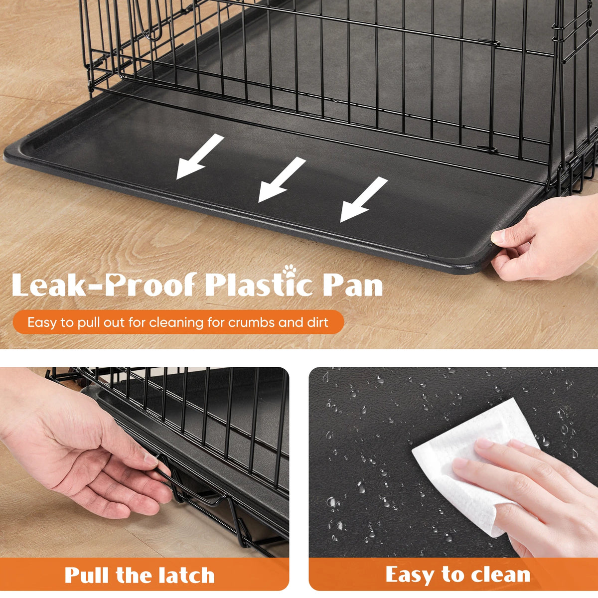 JHK Double Door Folding Metal Dog Crate Leak Proof Tray