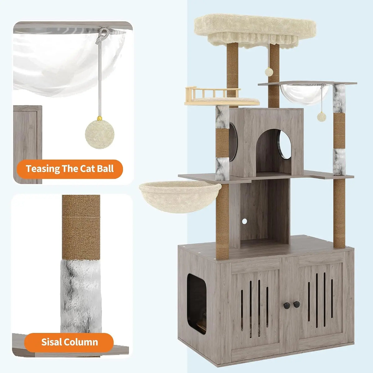 Multi Level Cat Tree Hidden Litter Box Sisal Scratching Posts