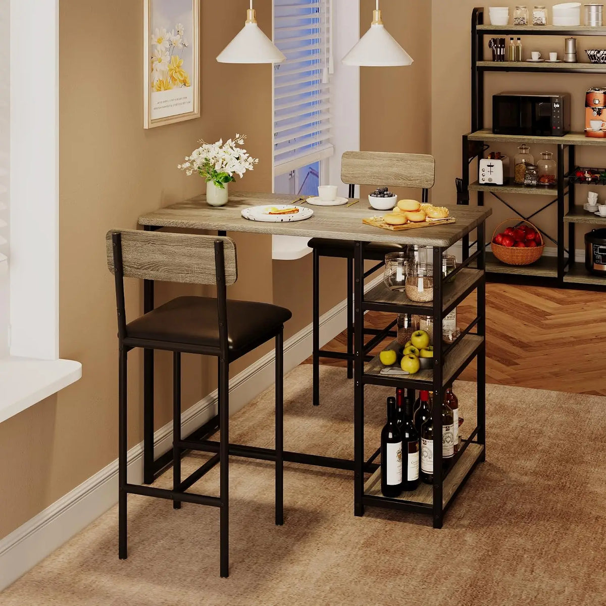 Garvee Folding Dining Table With Storage Shelves And Stools