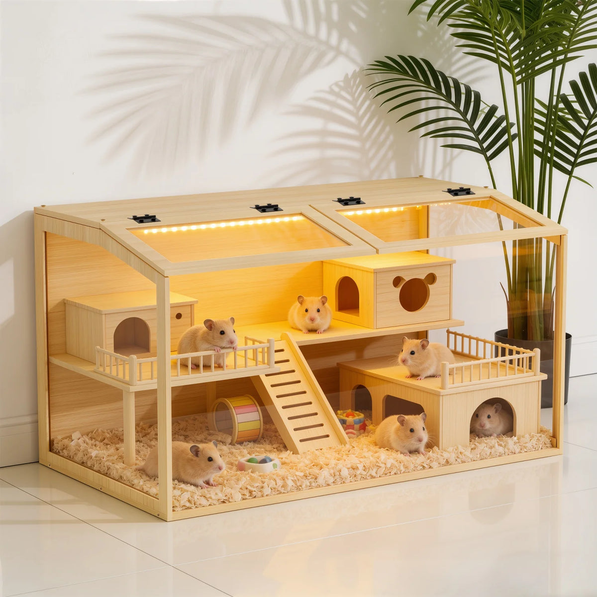 Natural Wooden Tabletop Hamster Cage With Dual Door And Light