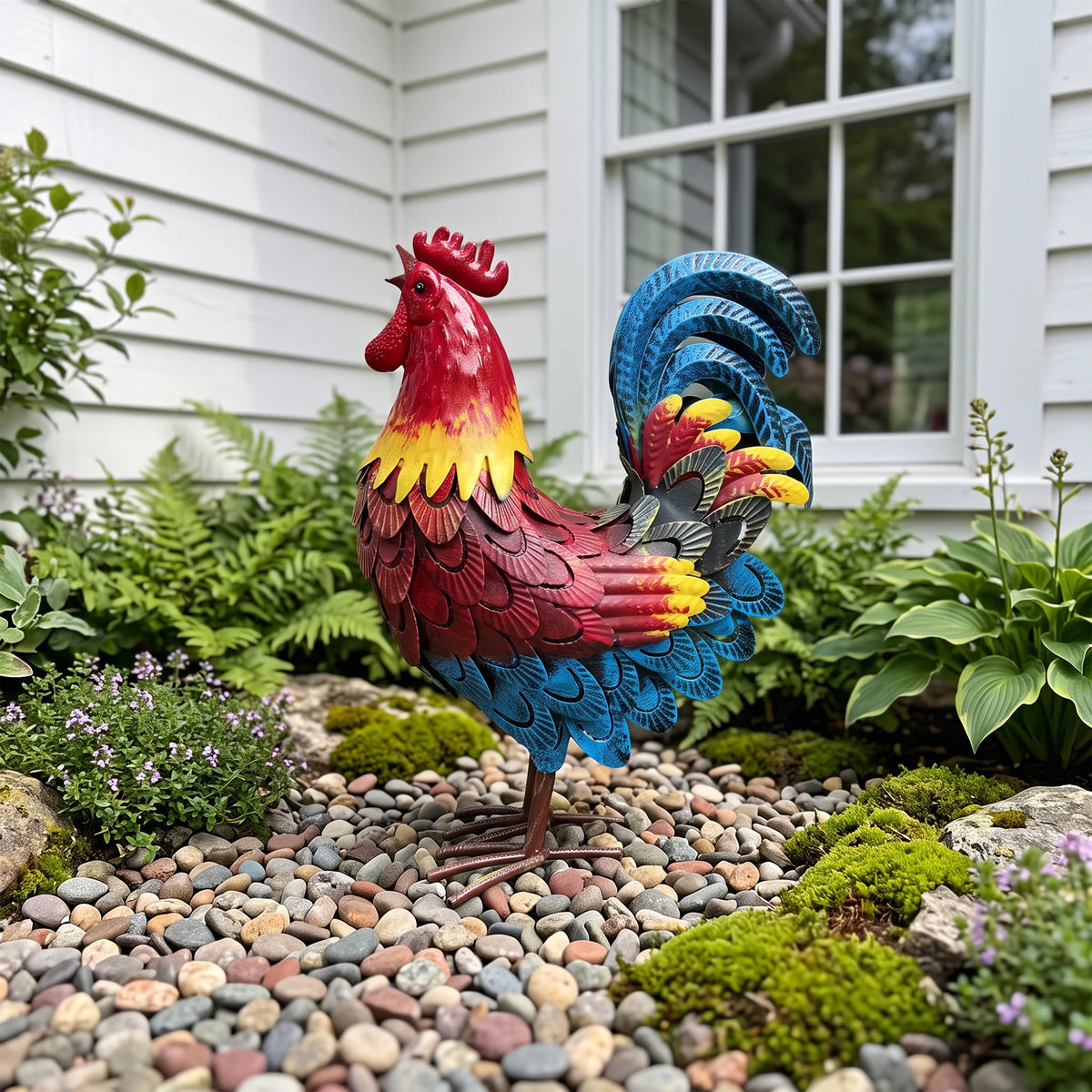 Wrought Iron Rooster Garden Statue For Farmhouse Lawn And Patio
