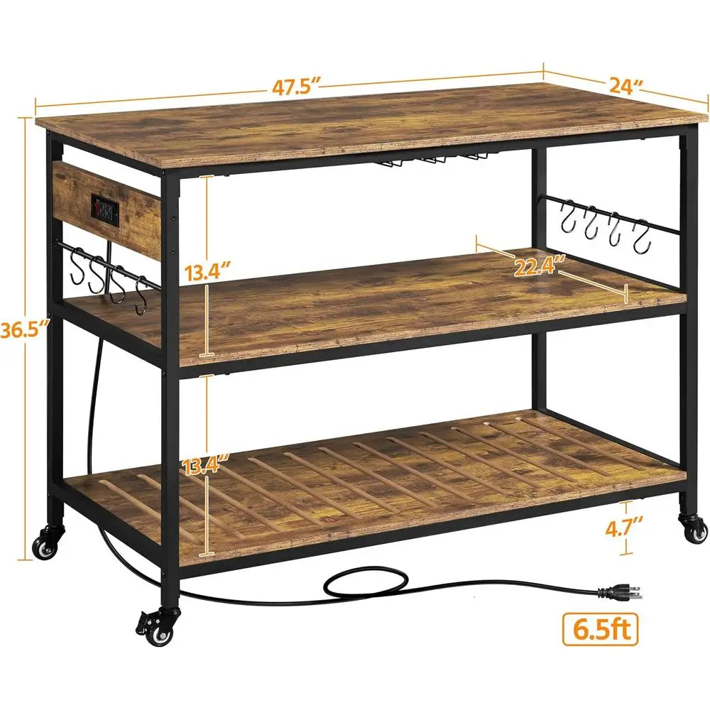 Rolling Kitchen Cart With Power Outlet And Wine Rack