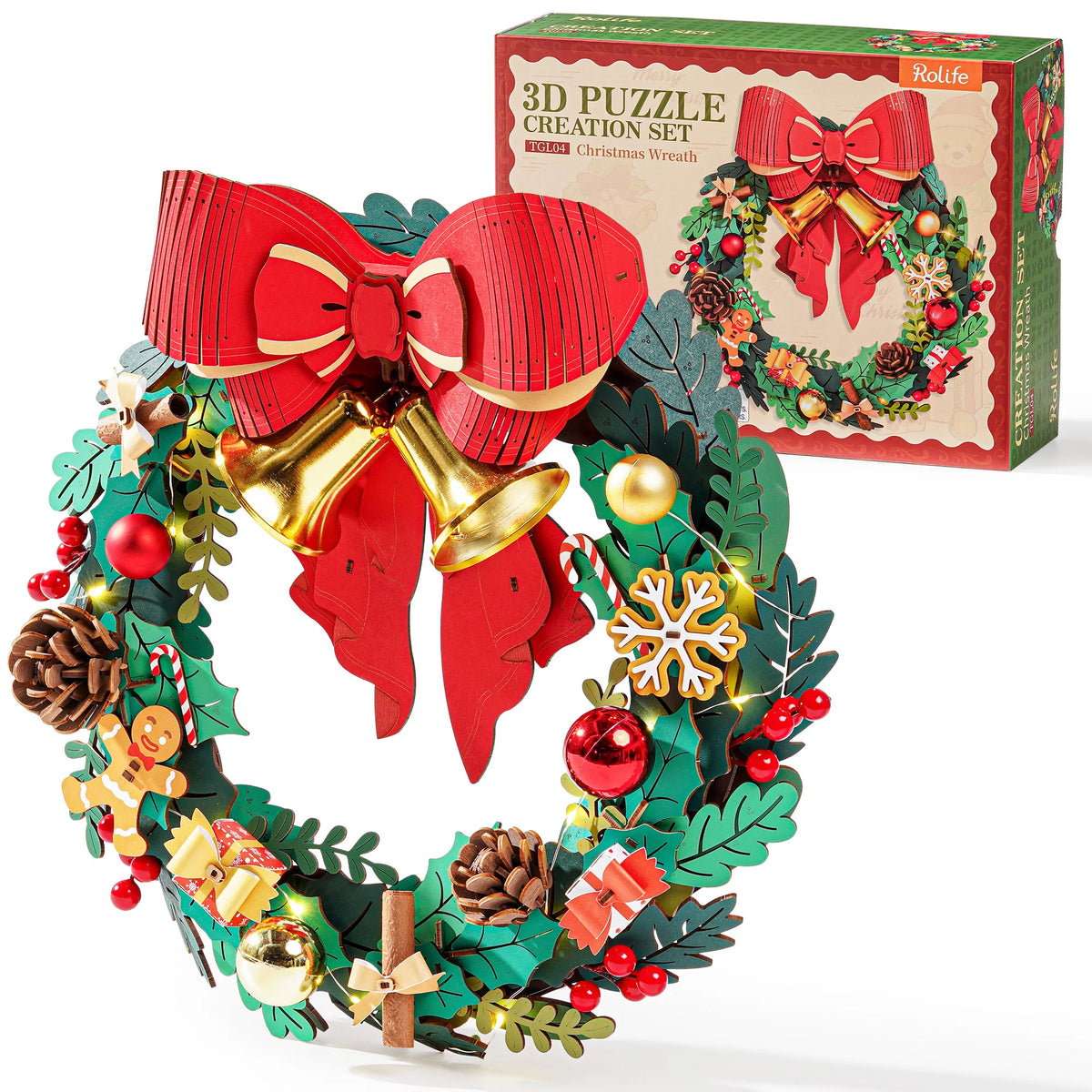 Rolife 3D Wooden Christmas Wreath Model Puzzle Kit With Led