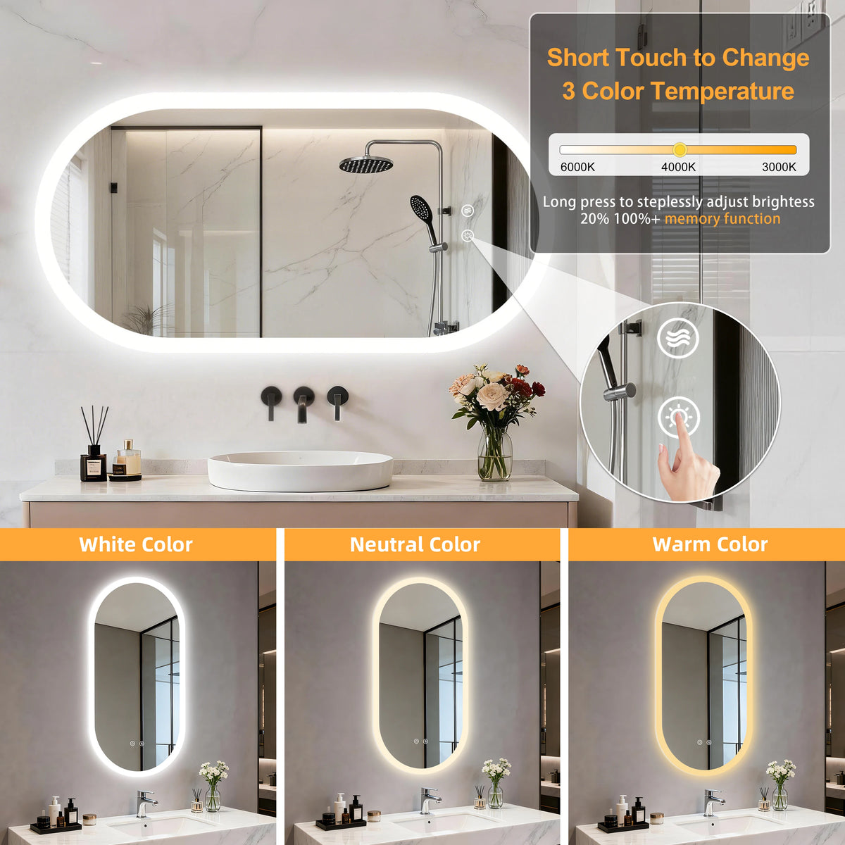 Borwart Smart Led Bathroom Mirror Anti Fog Dimmable Oval Frameless
