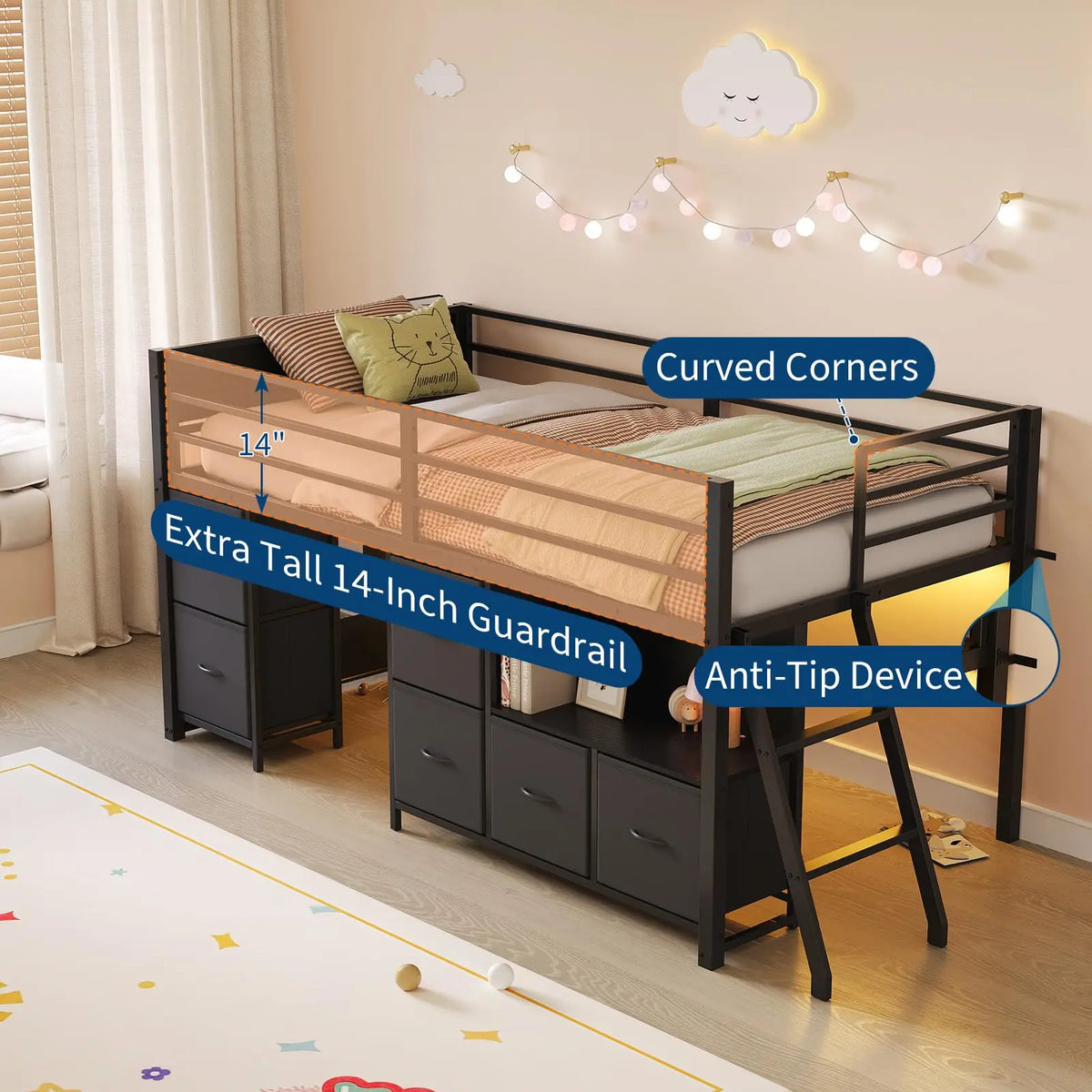HiMISS Modern Metal Loft Bed With Integrated Work Desk