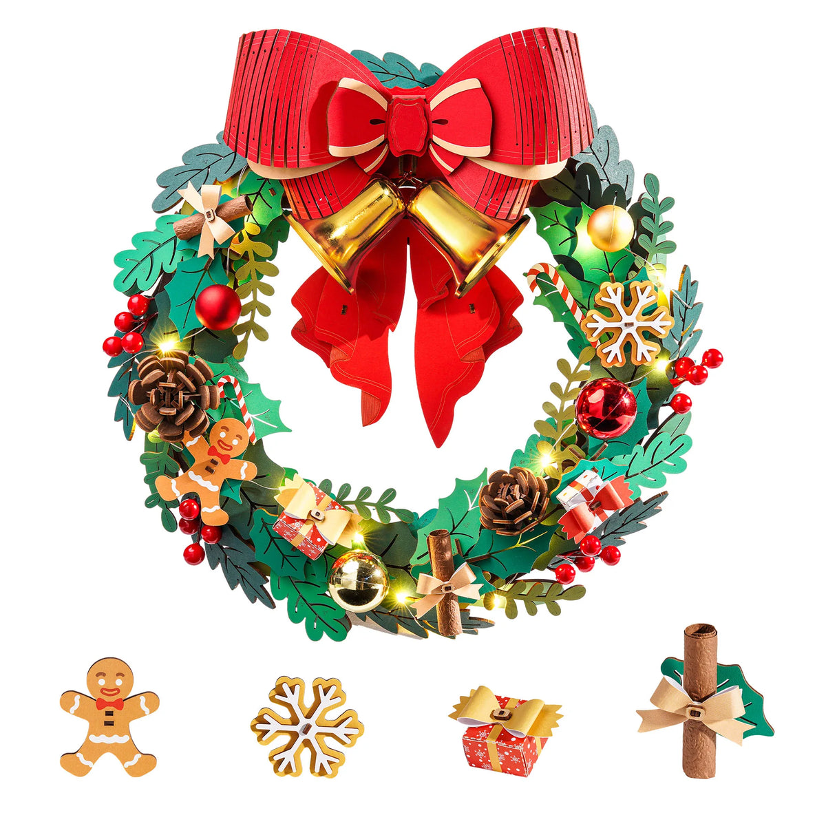 Rolife 3D Wooden Christmas Wreath Model Puzzle Kit With Led