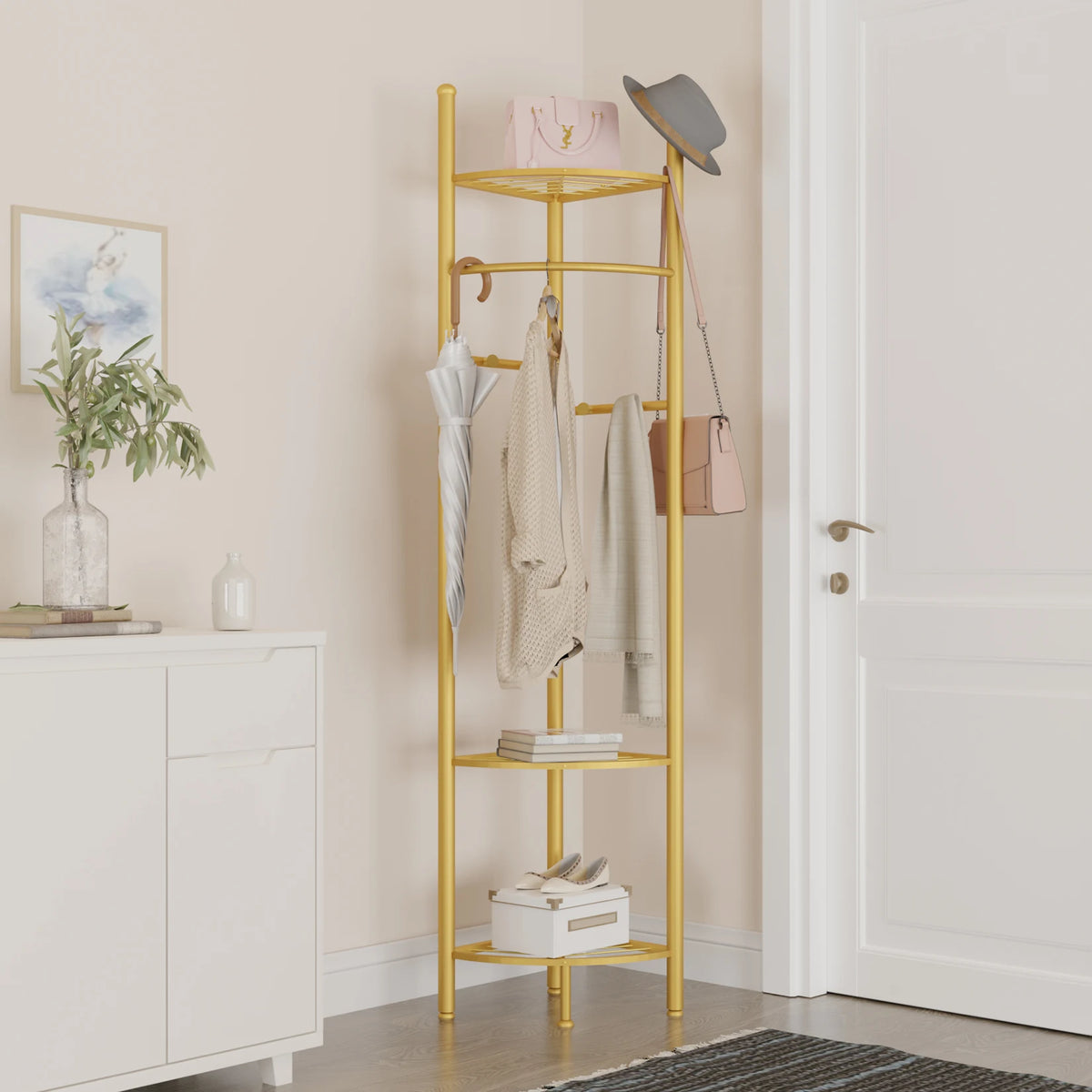 Heavy Duty Freestanding Metal Corner Coat Rack With Shelf