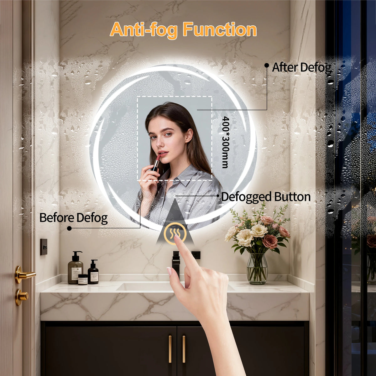 Round Bluetooth LED Bathroom Mirror Defog Speakers Dimming