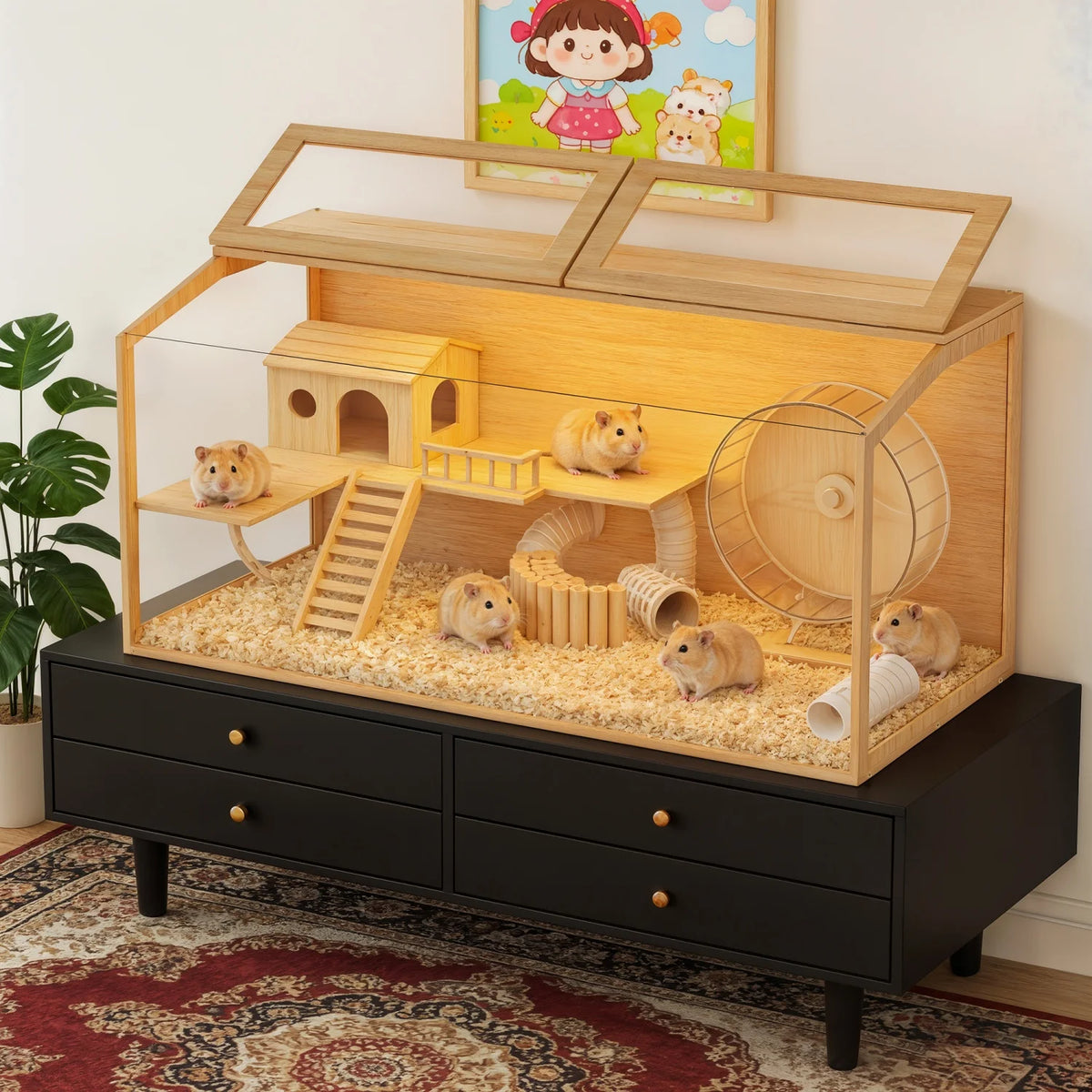 Natural Wooden Tabletop Hamster Cage With Dual Door And Light