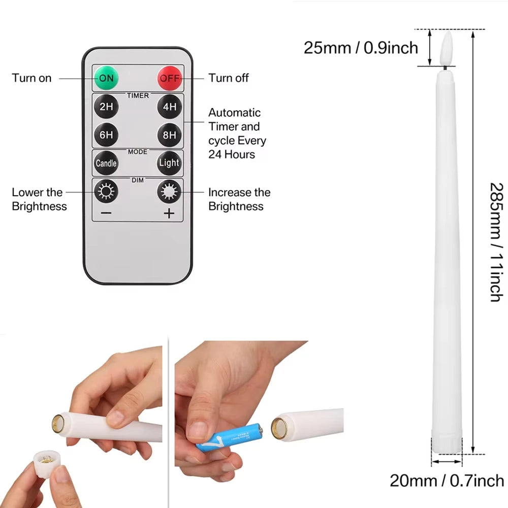 LED Flameless Taper Candles Featuring Remote Control Flickering Effect
