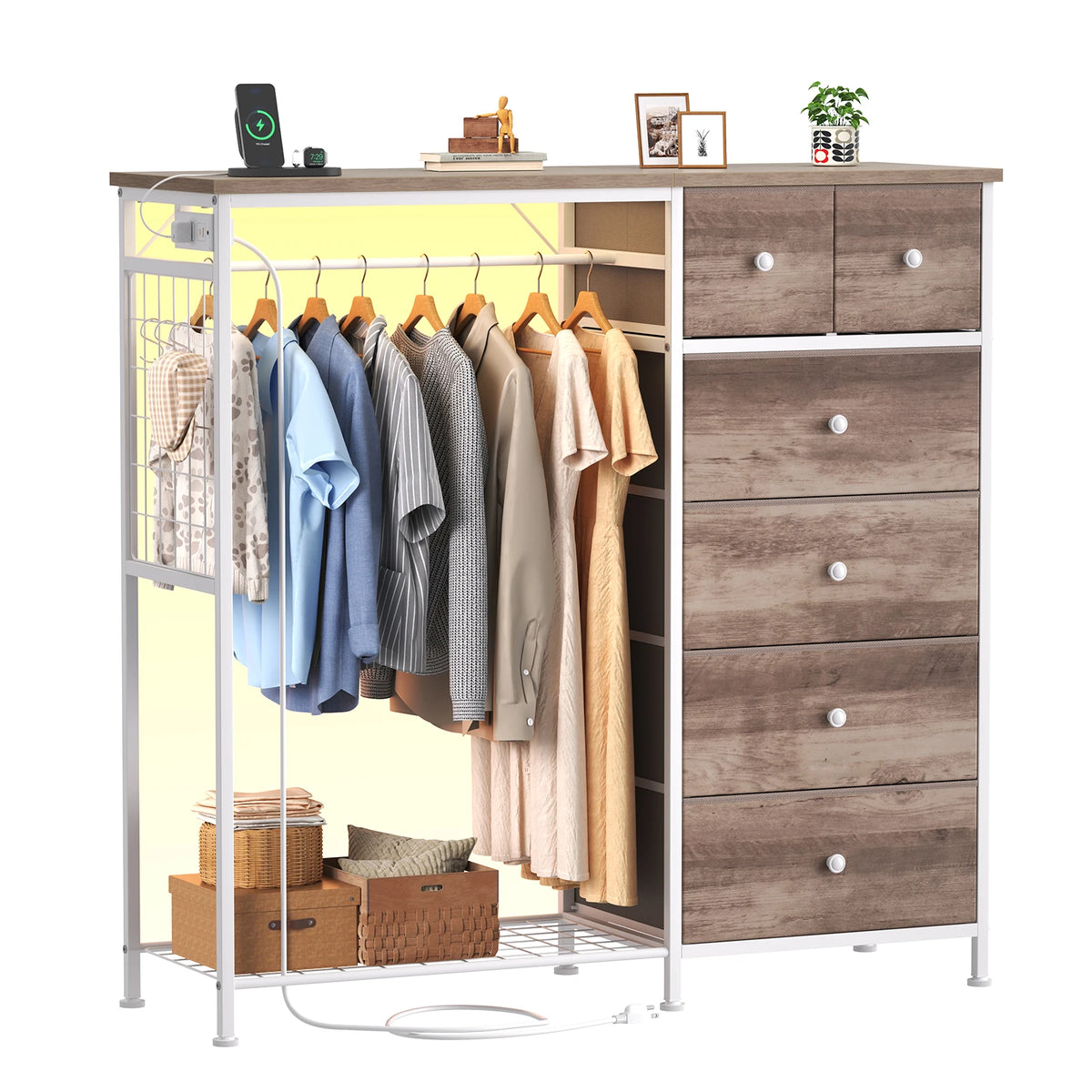 JHK Fabric Dresser With Six Drawers And Charging Station
