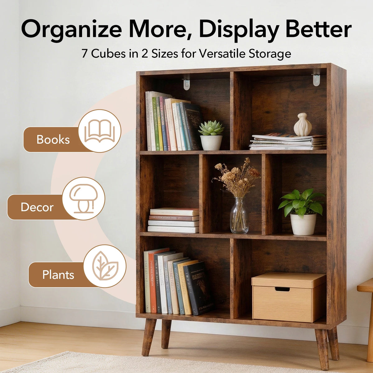 Wooden Bookcase with Legs Storage Organizer and Display Shelves Home