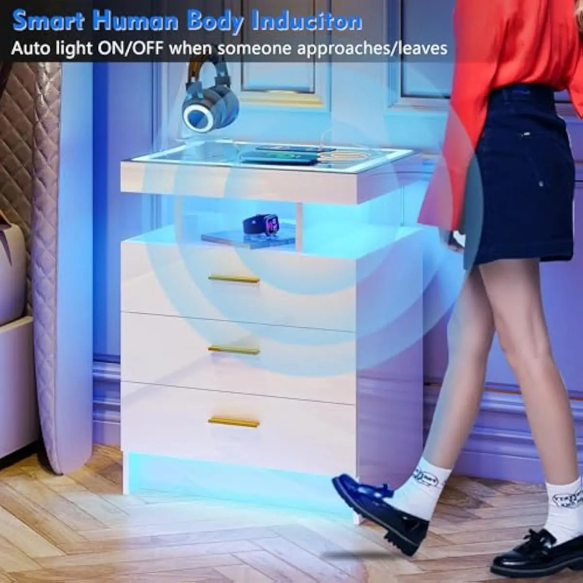 Modern LED Motion Sensor Nightstand Set With Triple Color Lighting