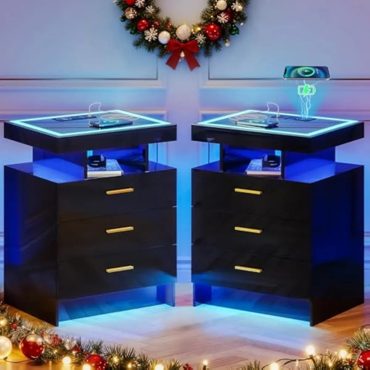 Modern LED Motion Sensor Nightstand Set With Triple Color Lighting