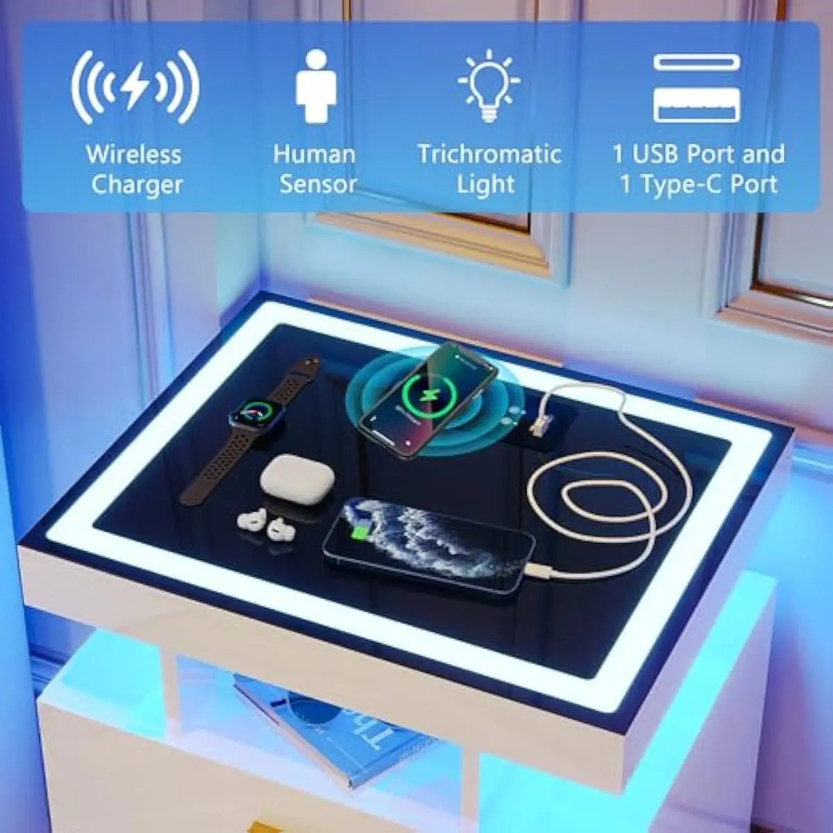 Modern LED Motion Sensor Nightstand Set With Triple Color Lighting