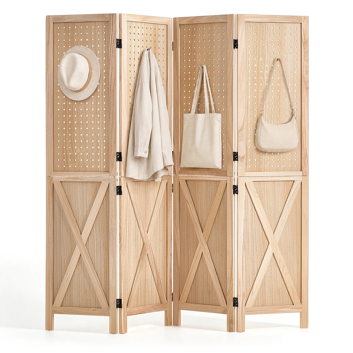 SucceBuy Four Panel Wood Folding Privacy Screen Room Divider