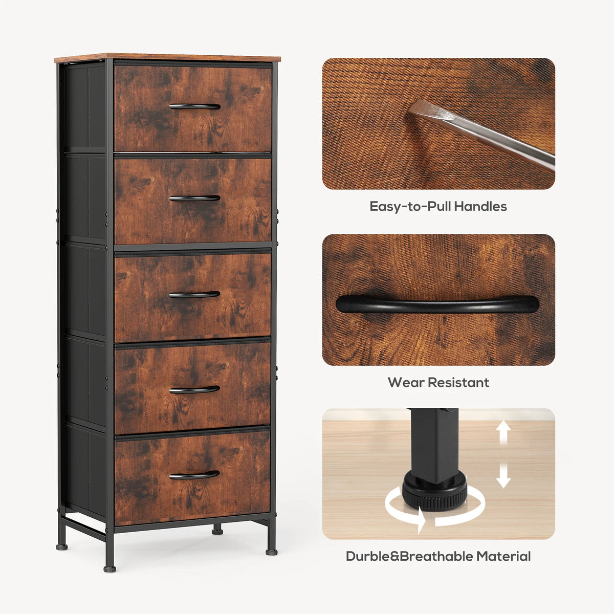 JHK Modern Bedroom Dresser With Five Fabric Drawers Cabinet
