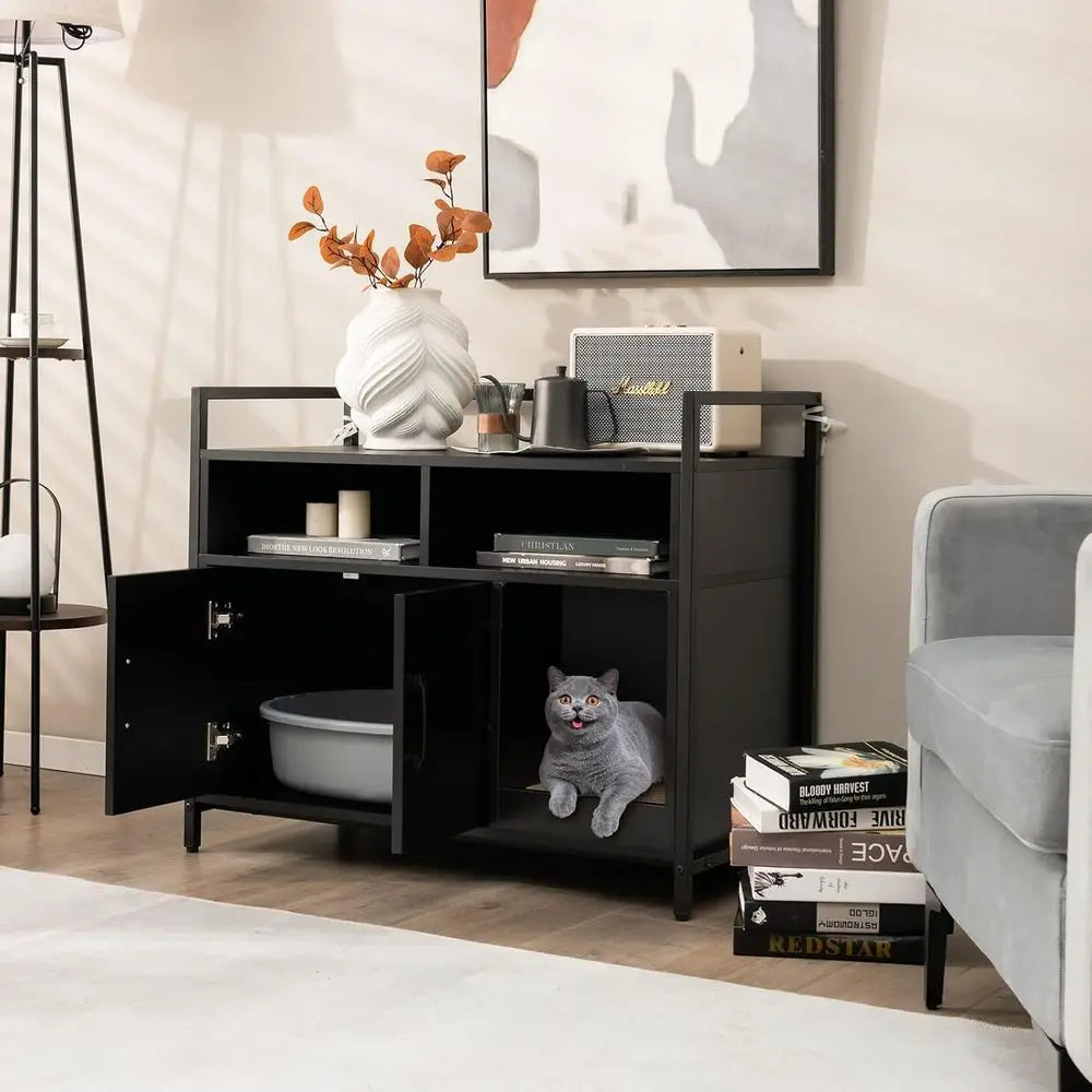Hidden Cat Litter Box Enclosure With Front Entry And Storage