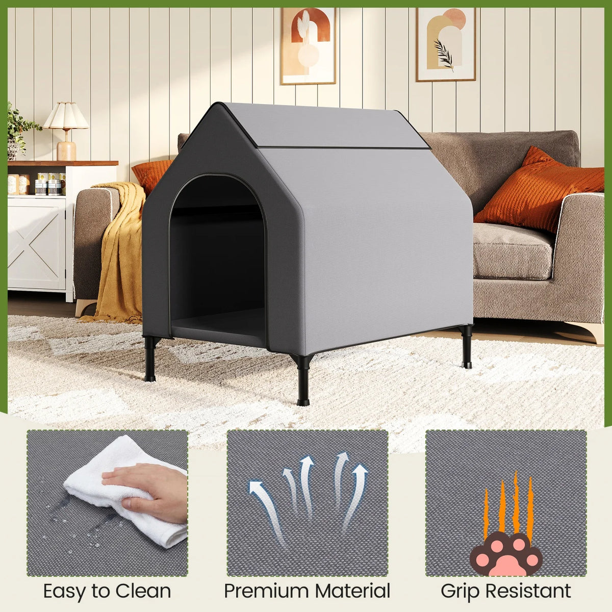 HiMiss Weatherproof Elevated Dog House With Mesh Bed Metal Frame