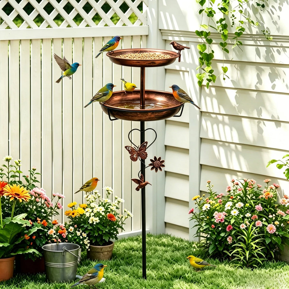 Double Layer Bird Bath Stand Outdoor Metal Garden Decor