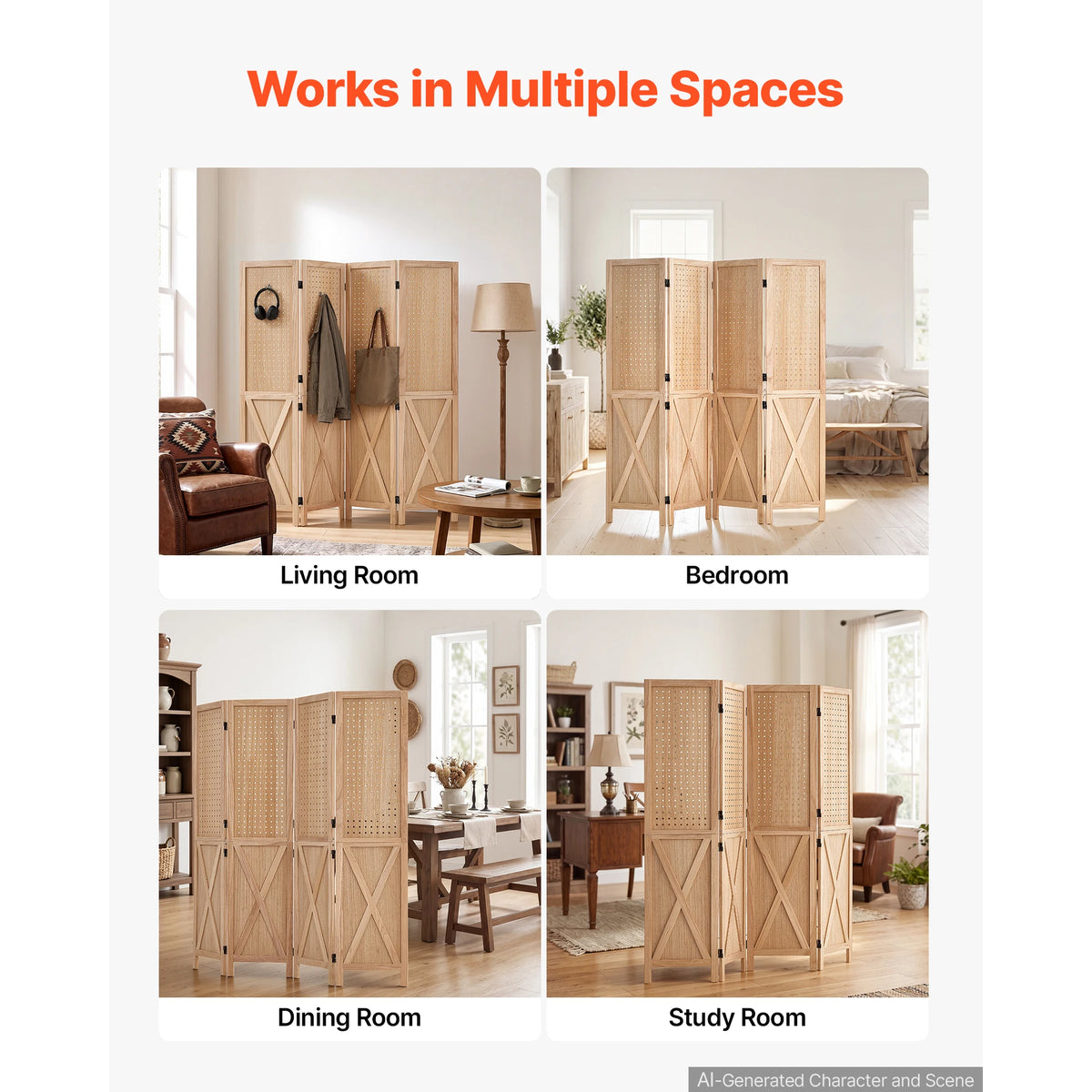 SucceBuy Four Panel Wood Folding Privacy Screen Room Divider