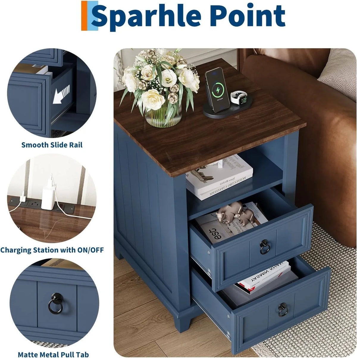 Modern Fluted Wood Nightstand With USB Charging Station And Drawers