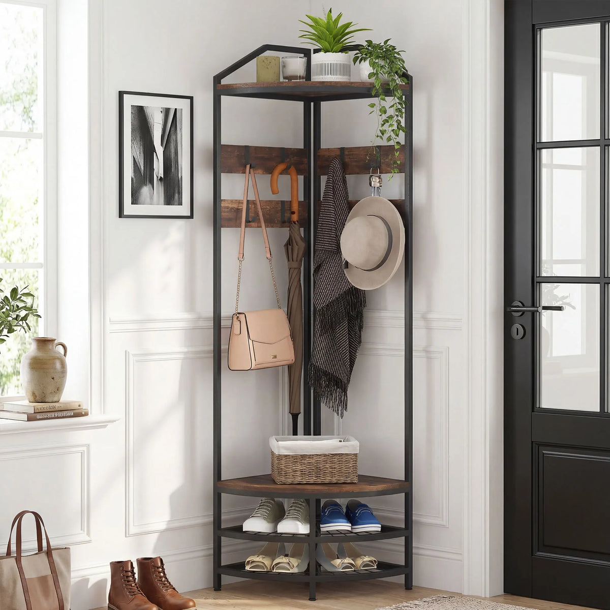 Industrial 4-Tier Corner Hall Tree With 8 Hooks Shoe Storage