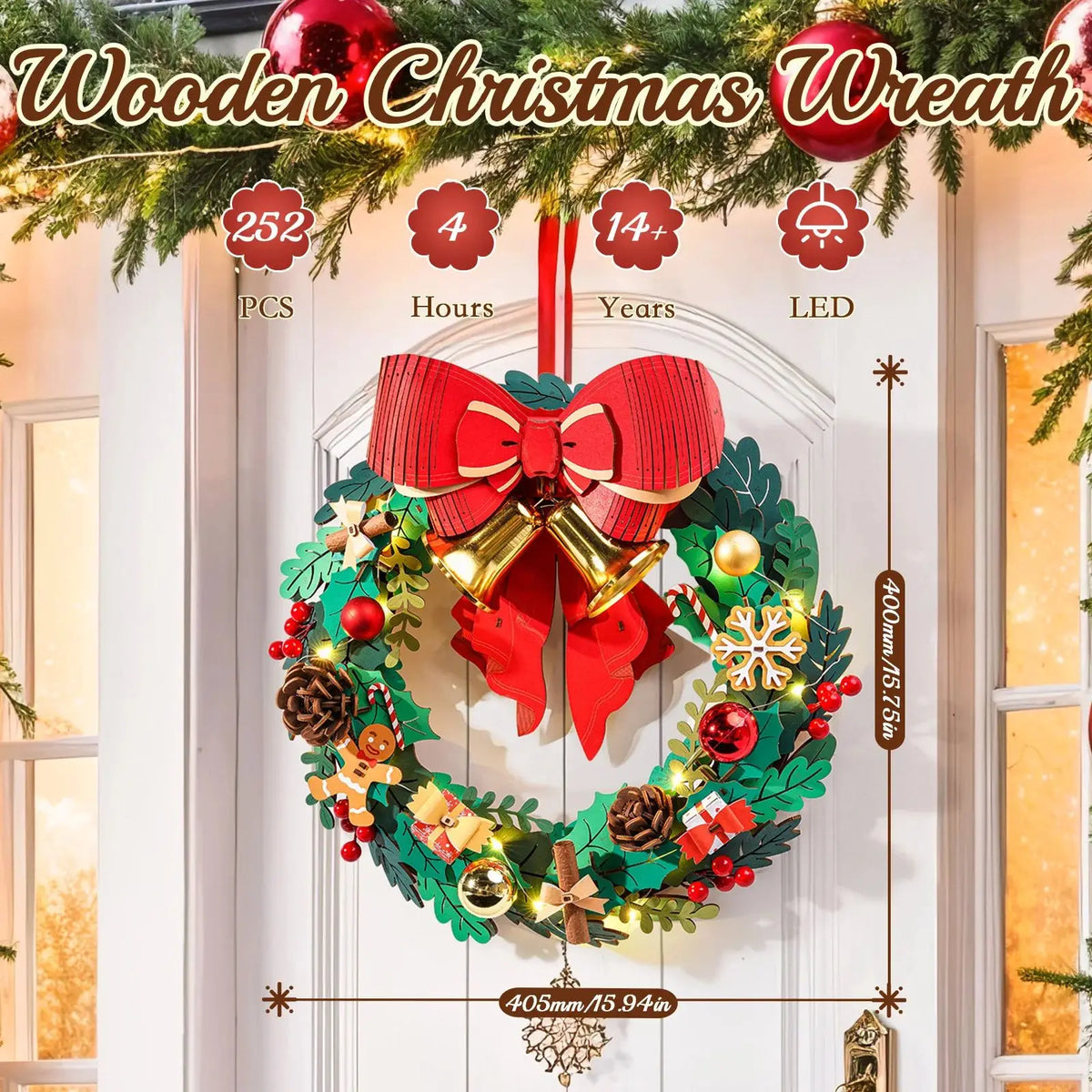 Rolife 3D Wooden Christmas Wreath Model Puzzle Kit With Led