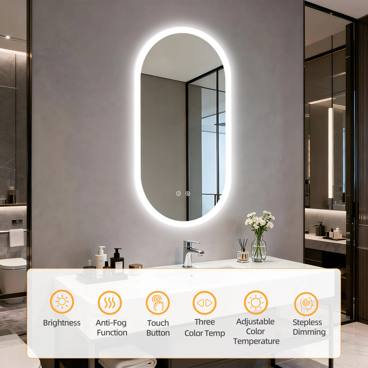 Borwart Smart Led Bathroom Mirror Anti Fog Dimmable Oval Frameless
