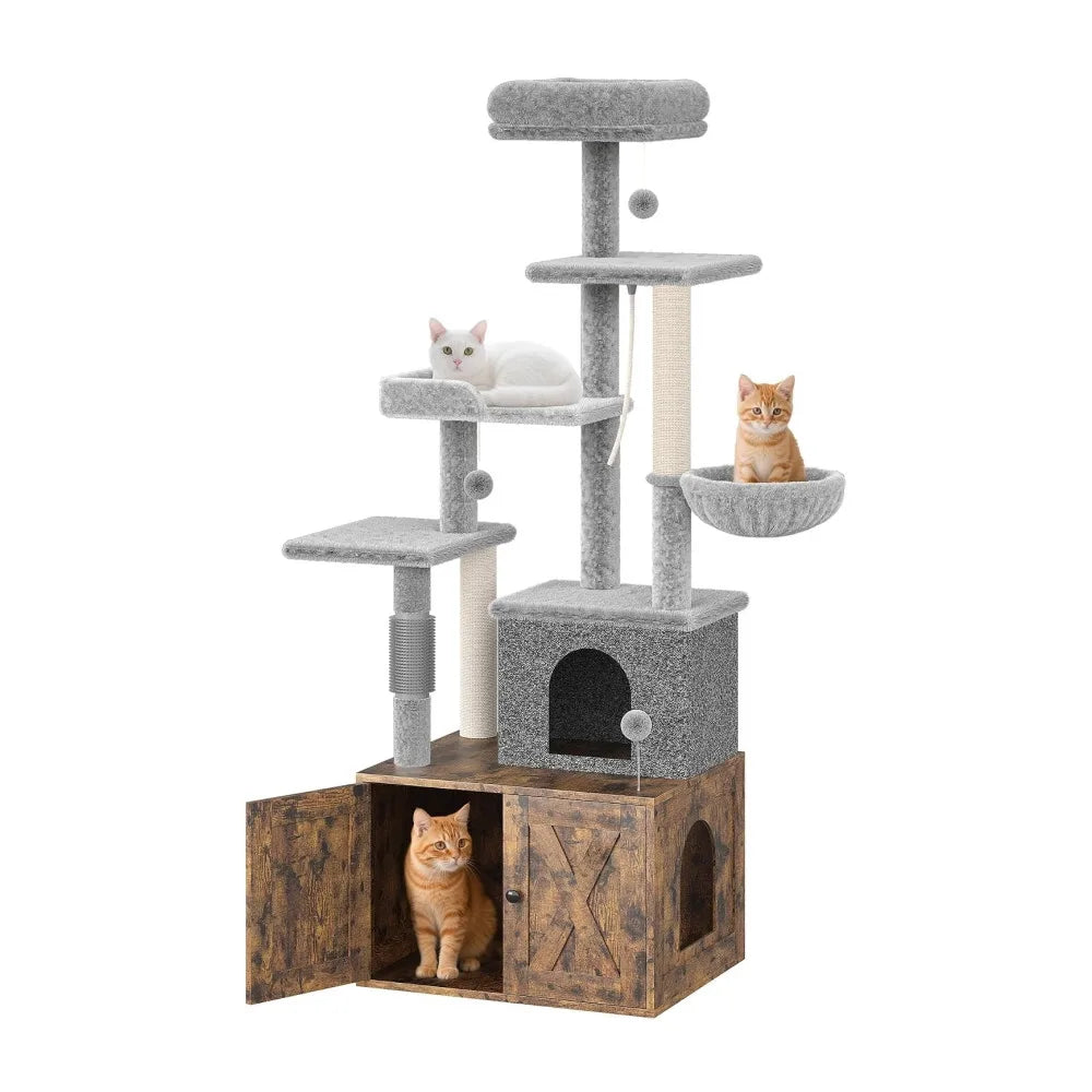Multi Level Cat Condo With Integrated Litter Box And Hammock