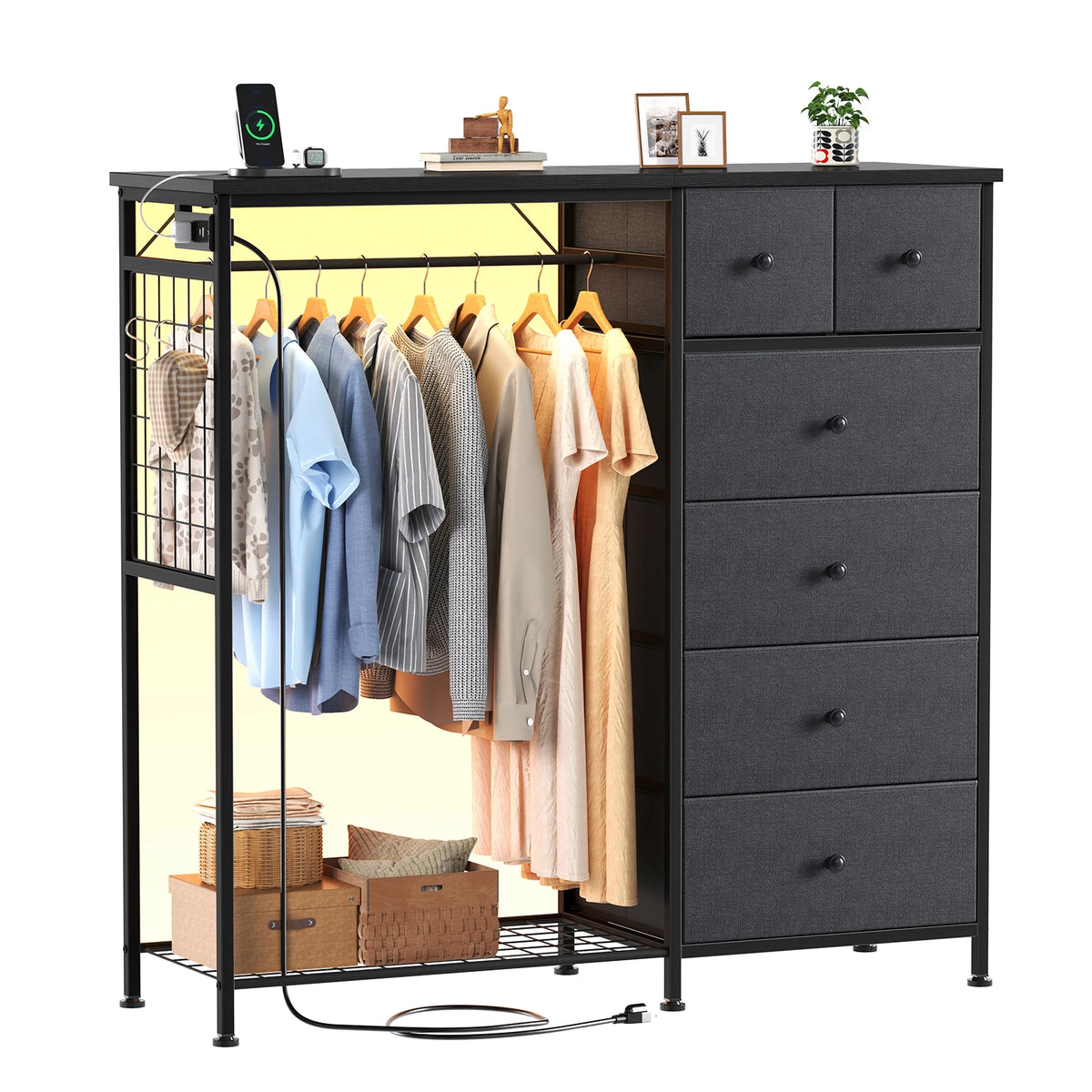 JHK Fabric Dresser With Six Drawers And Charging Station