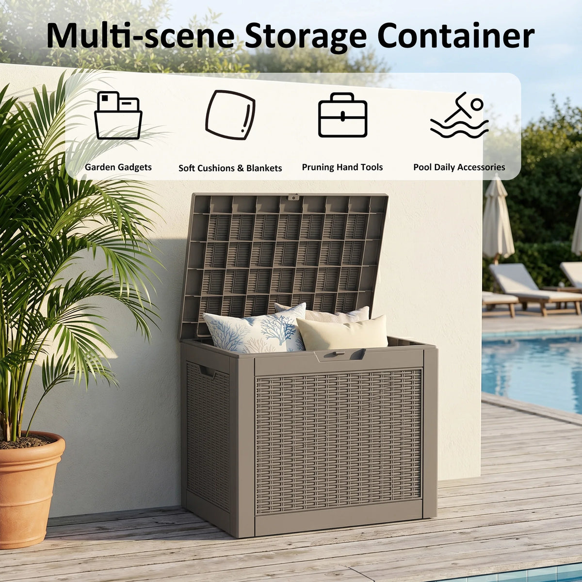 Textured Rattan Resin Outdoor Storage Deck Box Weatherproof Lockable Patio