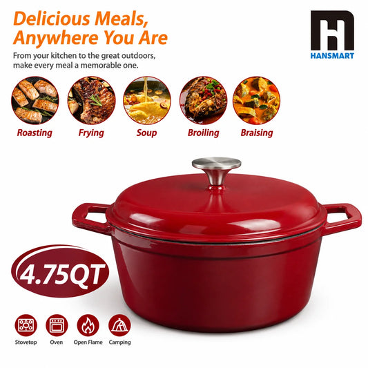 HanSMART Enameled Cast Iron Round Dutch Oven With Lid