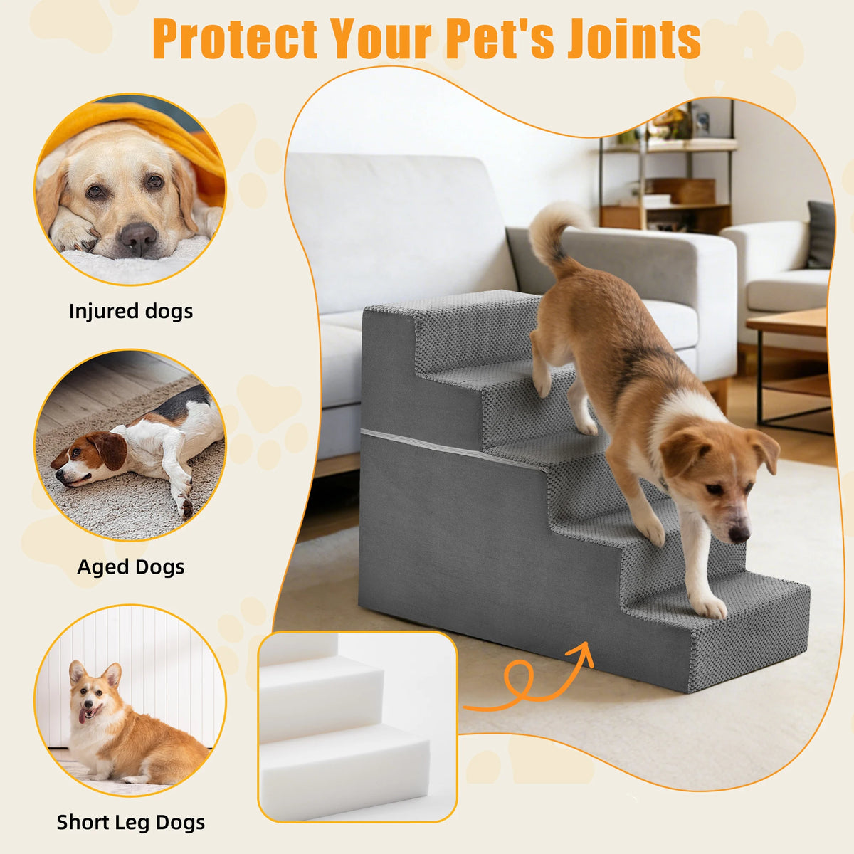 Right Angled Curved Step Foam Dog Ramp Stairs For Pets
