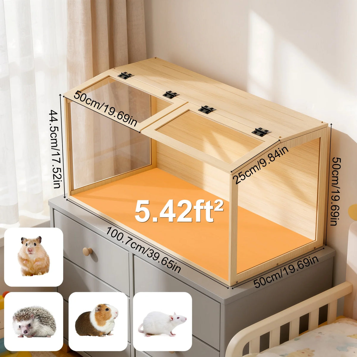 Natural Wooden Tabletop Hamster Cage With Dual Door And Light