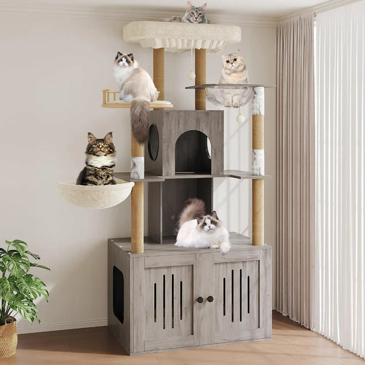 Multi Level Cat Tree Hidden Litter Box Sisal Scratching Posts