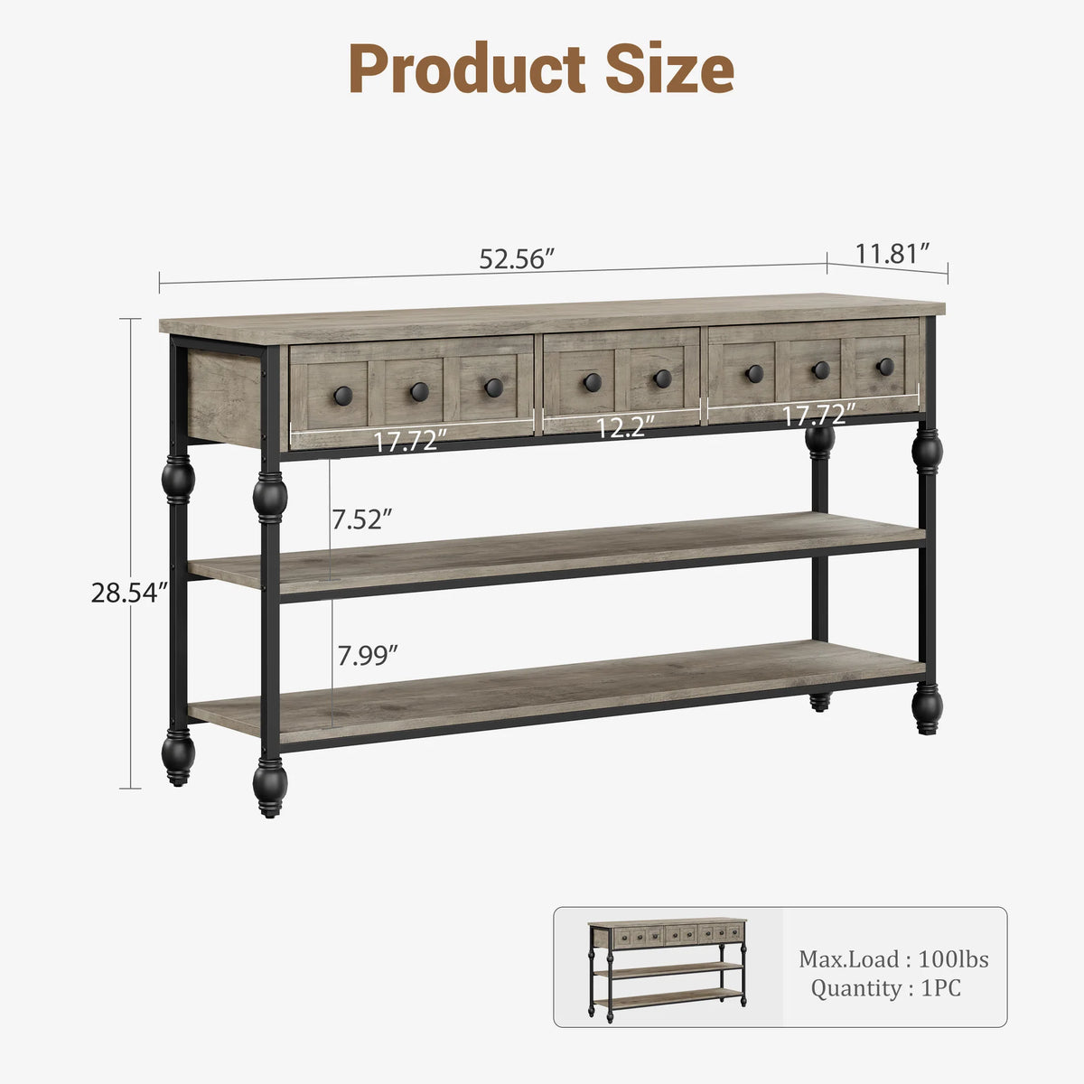 HiMISS Industrial Console Table With Three Drawers And Metal Frame
