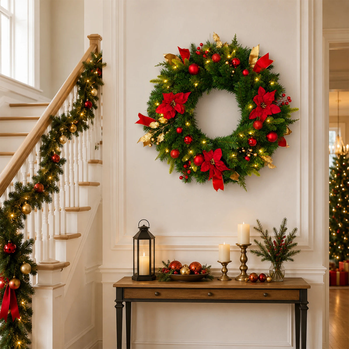 HiMiss Rustic Lighted Christmas Wreath With Timer For Doors
