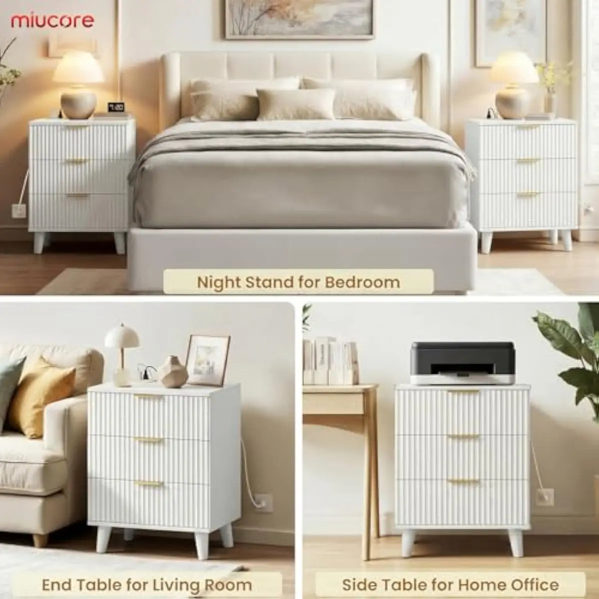 Modern Fluted Nightstand With Soft Close Drawers And Usb Ports